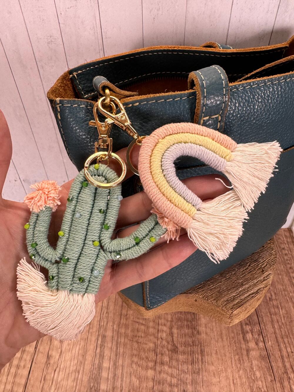 Set of 2 Macrame Charms Green Cactus Rainbow Charm Set Gift